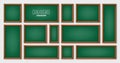 Realistic various chalkboards in a wooden frame. Green restaurant menu board. School blackboard, writing surface for