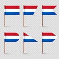 Realistic various Dutch toothpick flags. Souvenir from Netherlands. Wooden toothpicks with paper flag. Location mark Royalty Free Stock Photo