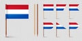 Realistic various Dutch toothpick flags. Souvenir from Netherlands. Wooden toothpicks with paper flag. Location mark Royalty Free Stock Photo