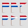 Realistic various Dutch toothpick flags. Souvenir from Netherlands. Wooden toothpicks with paper flag. Location mark Royalty Free Stock Photo