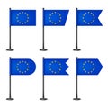 Realistic various European table flags on a black steel pole. Souvenir from Europe. Desk flag made of paper or fabric