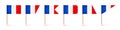 Realistic various French toothpick flags. Souvenir from France. Wooden toothpicks with paper flag. Location mark, map