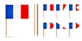 Realistic various French toothpick flags. Souvenir from France. Wooden toothpicks with paper flag. Location mark, map