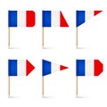 Realistic various French toothpick flags. Souvenir from France. Wooden toothpicks with paper flag. Location mark, map