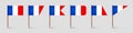 Realistic various French toothpick flags. Souvenir from France. Wooden toothpicks with paper flag. Location mark, map