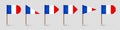 Realistic various French toothpick flags. Souvenir from France. Wooden toothpicks with paper flag. Location mark, map