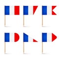 Realistic various French toothpick flags. Souvenir from France. Wooden toothpicks with paper flag. Location mark, map