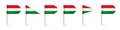 Realistic various Hungarian toothpick flags. Souvenir from Hungary. Wooden toothpicks with paper flag. Location mark