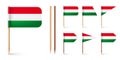 Realistic various Hungarian toothpick flags. Souvenir from Hungary. Wooden toothpicks with paper flag. Location mark