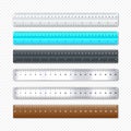 Realistic various metal and plastic rulers with measurement scale and divisions, measure marks. School ruler, centimeter Royalty Free Stock Photo