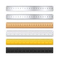 Realistic various metal and plastic rulers with measurement scale and divisions, measure marks. School ruler, centimeter Royalty Free Stock Photo