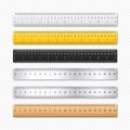 Realistic various metal and plastic rulers with measurement scale and divisions, measure marks. School ruler, centimeter Royalty Free Stock Photo