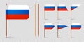 Realistic various Russian toothpick flags. Souvenir from Russia. Wooden toothpicks with paper flag. Location mark, map Royalty Free Stock Photo