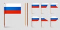 Realistic various Russian toothpick flags. Souvenir from Russia. Wooden toothpicks with paper flag. Location mark, map Royalty Free Stock Photo