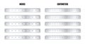 Realistic various shiny metal rulers with measurement scale and divisions, measure marks. School ruler, centimeter and