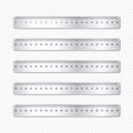 Realistic various shiny metal rulers with measurement scale and divisions, measure marks. School ruler, centimeter scale