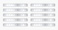 Realistic various shiny metal rulers with measurement scale and divisions, measure marks. School ruler, inch scale for