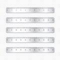 Realistic various shiny metal rulers with measurement scale and divisions, measure marks. School ruler, inch scale for