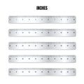 Realistic various shiny metal rulers with measurement scale and divisions, measure marks. School ruler, inch scale for