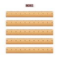 Realistic various wooden rulers with measurement scale and divisions, measure marks. School ruler, centimeter and inch Royalty Free Stock Photo