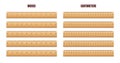 Realistic various wooden rulers with measurement scale and divisions, measure marks. School ruler, centimeter and inch Royalty Free Stock Photo