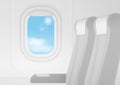 Realistic vector airplane transport Interior. Aircraft inside seats chairs near window. Business class travel concept.