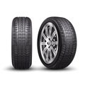 Realistic vector aluminum racing car tire or auto tyres in front and side view