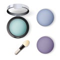 Realistic vector assorted colors palette of cosmetic eye shadow blue shades with a brush for application isolated on