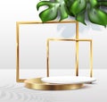 Realistic vector background template. Cosmetic and product display gold podium with realistic tropical leaves