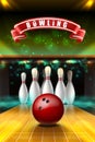Realistic vector banner of bowling game with red ball on the lane and white skittles in neon smoke Royalty Free Stock Photo