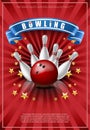 Realistic vector banner of bowling game with red ball and white skittles Royalty Free Stock Photo