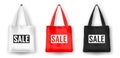 Realistic vector black, white and red empty textile shopping tote bag icon set, with word SALE. Closeup on Royalty Free Stock Photo