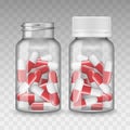 Realistic vector Blank Medicine opened and closed medical plastic bottle with red tablets pills, tablets, drug of Royalty Free Stock Photo