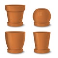 Realistic vector brown empty flower pot with plate set. Closeup isolated on white background. Design template for Royalty Free Stock Photo