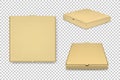 Realistic vector brown pizza boxes icon set. Corporate identity and branding elements. Closeup isolated on transparent