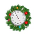 Realistic Vector Christmas Wreath with Clock Showing 5 Minutes to Twelve. Christmas, New Year Design Elements Isolated