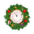 Realistic Vector Christmas Wreath and Gold Clock Isolated Royalty Free Stock Photo