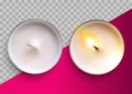 Realistic Vector Classic Candle in a Metal Cup. Lit and Unlit White Wax Tealight Candles. Top View. Festive Design Element.