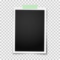 Realistic vector classic photo frame with straight edges on light green adhesive, sticky tape placed vertically on transparent Royalty Free Stock Photo