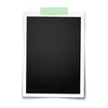 Realistic vector classic photo frame with straight edges on light green adhesive, sticky tape placed vertically on white Royalty Free Stock Photo