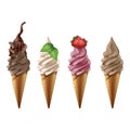Realistic vector collection of frozen yogurt or ice cream in chocolate, vanilla, strawberry and coffee flavor. Isolated on white Royalty Free Stock Photo