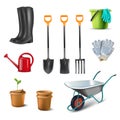 Realistic vector collection of icon illustrations of garden utensils, wheelbarrow, rubber boots, pot, worker gloves, pots