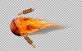 Realistic vector cricket ball in fire on transparent background.