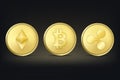 Realistic vector crypto currency coin icon set. Bitcoin, Etherium, Ripple. Blockchain technology. Closeup on dark