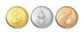 Realistic vector crypto currency coin icon set. Bitcoin, Etherium, Ripple. Blockchain technology. Closeup isolated on