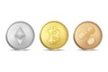 Realistic vector crypto currency coin icon set. Bitcoin, Etherium, Ripple. Blockchain technology. Closeup isolated on