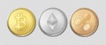 Realistic vector crypto currency coin icon set. Bitcoin, Etherium, Ripple. Blockchain technology. Closeup isolated on