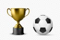 Realistic Vector 3d Blank Golden Champion Cup Icon with Soccer Ball Set Closeup Isolated. Design Template of Royalty Free Stock Photo