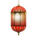 Realistic vector 3D traditional burning arabic hanging golden lantern with oriental ornament on chain isolated on white background