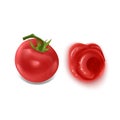 Realistic vector elements set of red tomato, splash of tomato, whole and a slice of tomato, squeezed out red sauce on white Royalty Free Stock Photo
